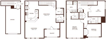 A floor plan of a house with a garage, living room, dining room, kitchen, den, and two bedrooms.