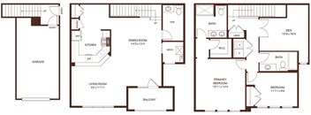 A floor plan of a house with a garage, living room, dining room, kitchen, and bathrooms.