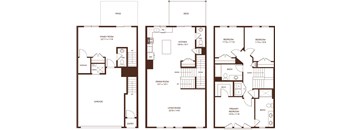 A set of three house floor plans showing a patio, deck, and living room.