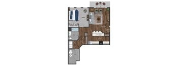 This 1 bedroom apartment at Ewing Town Center image shows an apartment with a fully equipped kitchen, living room & dining room, bedroom, 1 full bath and a balcony. There is also a utility room with full size wash and dryer, and multiple closets for storage.
