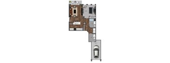 This 1 bedroom apartment at Ewing Town Center image shows an apartment with a fully equipped kitchen, living room & dining room, bedroom, 1 full bath and a balcony. There is also a utility room with full size wash and dryer, and multiple closets for storage.
