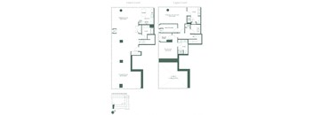 Floorplan for a two bedroom, three bathroom apartment at RVR at Xchange has a spacious first floor with a living, dining room, fully equipped kitchen with pantry. There is a full bathroom next to the steps that lead up to the second floor. On the second floor is a laundry, a bedroom which with a walk-in closet and full bathroom, a primary bedroom with a walk-in closet and a full bathroom.