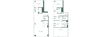 Floorplan for a two-bedroom, three-bath apartment with den at RVR at Xchange opens with a balcony that runs the length of the apartment, full bath and den. The second floor features a living and dining room with a fully equipped kitchen. On the second floor you will find a bedroom with walk-in closet, and full bathroom and the primary bedroom suite with a large walk-in closet and full bathroom.