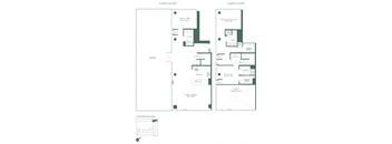 Floorplan for a two-bedroom, three-bath apartment with den at RVR at Xchange opens with a balcony that runs the length of the apartment, full bath and den. The second floor features a living and dining room with a fully equipped kitchen. On the second floor you will find a bedroom with walk-in closet, and full bathroom and the primary bedroom suite with a large walk-in closet and full bathroom.