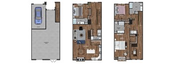 This 3 bedroom, 3.5 bathroom at Ewing Town Center image shows a 1 car garage with stairs leading up to the 1st floor. The 1st floor features a kitchen, living and dining room, bedroom with full bath, powder room and a balcony. The third floor features a Primary Bedroom Suite with full bath, a second bedroom and a second full bath, a den, and full size washer and dryer.