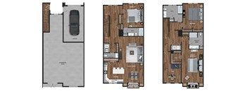 This 3 bedroom, 3.5 bathroom at Ewing Town Center image shows a 1 car garage with stairs leading up to the 1st floor. The 1st floor features a kitchen, living and dining room, bedroom with full bath, powder room and a balcony. The third floor features a Primary Bedroom Suite with full bath, a second bedroom and a second full bath, a den, and full size washer and dryer.