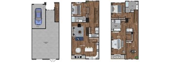 This 3 bedroom, 3.5 bathroom at Ewing Town Center image shows a 1 car garage with stairs leading up to the 1st floor. The 1st floor features a kitchen, living and dining room, bedroom with full bath, powder room and a balcony. The third floor features a Primary Bedroom Suite with full bath, a second bedroom and a second full bath, a den, and full size washer and dryer.