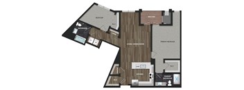 Floor plan image of the Thalia model at Montgomery Meadows showing 2 bedrooms, 2 bathrooms, kitchen, a living and dining room, full size washer and dryer and a balcony. The bedrooms are carpeted, the bathrooms have ceramic tile, and the living area has luxury woodgrain vinyl flooring.