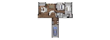 This 2 bedroom apartment at Ewing Town Center image shows a 1 car garage with a door leading into the apartment. Inside you see a fully equipped kitchen, living room, dining room, two bedrooms, 2 full bathrooms and 2 balconies. There is also a utility room with full size wash and dryer, and multiple closets for storage.