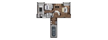 This 2 bedroom apartment at Ewing Town Center image shows a 1 car garage with a door leading into the apartment. Inside you see a fully equipped kitchen, living room, dining room, two bedrooms, 2 full bathrooms and 2 balconies. There is also a utility room with full size wash and dryer, and multiple closets for storage.