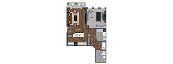 This 1 bedroom apartment at Ewing Town Center image shows an apartment with a fully equipped kitchen, living room & dining room, bedroom, 1 full bath and a balcony. There is also a utility room with full size wash and dryer, and multiple closets for storage.