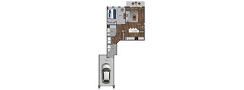 This 1 bedroom apartment at Ewing Town Center image shows an apartment with a fully equipped kitchen, living room & dining room, bedroom, 1 full bath, balcony and a garage. There is also a utility room with full size wash and dryer, and multiple closets for storage.