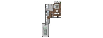 This 1 bedroom apartment at Ewing Town Center image shows an apartment with a fully equipped kitchen, living room & dining room, bedroom, 1 full bath, balcony and a garage. There is also a utility room with full size wash and dryer, and multiple closets for storage.
