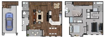 This 3 Bedroom apartment at Ewing Town Center image shows a 1 car garage with stairs leading up to the first floor showing a kitchen with dishwasher, living room, dining room, powder room and a balcony. The third floor features a Primary Bedroom Suite with walk-in closet and full bathroom, a second bedroom and a second full bathroom, a den, and a closet with full size washer and dryer.