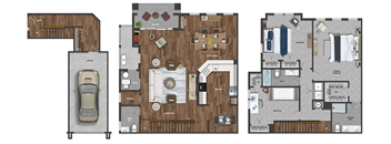 This 3 Bedroom apartment at Ewing Town Center image shows a 1 car garage with stairs leading up to the first floor showing a kitchen with dishwasher, living room, dining room, powder room and a balcony. The third floor features a Primary Bedroom Suite with walk-in closet and full bathroom, a second bedroom and a second full bathroom, a den, and a closet with full size washer and dryer.