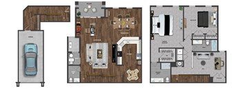 This 2 Bedroom with den apartment at Ewing Town Center image shows a 1 car garage with stairs leading up to the first floor showing a kitchen with dishwasher, living room, dining room, powder room and a balcony. The third floor features a Primary Bedroom Suite with walk-in closet and full bathroom, a second bedroom and a second full bathroom, a den, and a closet with full size washer and dryer.