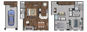 This 2 Bedroom with den apartment at Ewing Town Center image shows a 1 car garage with stairs leading up to the first floor showing a kitchen with dishwasher, living room, dining room, powder room and a balcony. The third floor features a Primary Bedroom Suite with walk-in closet and full bathroom, a second bedroom and a second full bathroom, a den, and a closet with full size washer and dryer.