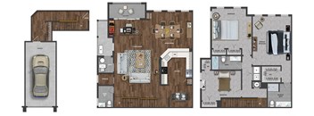 This 3 Bedroom apartment at Ewing Town Center image shows a 1 car garage with stairs leading up to the first floor showing a kitchen with dishwasher, living room, dining room, powder room and a balcony. The third floor features a Primary Bedroom Suite with walk-in closet and full bathroom, a second bedroom and a second full bathroom, a den, and a closet with full size washer and dryer.