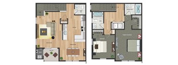 The 2 Bedroom B Model at the Boulders at Beekman floorplan images shows a first floor living room, dining room, kitchen with dishwasher, balcony, and powder room. The second floor features 2 bedrooms, 2 full bathrooms and a closet containing full size washer and dryer.