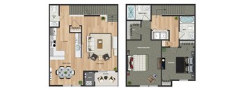 The 2 Bedroom C Model at the Boulders at Beekman floorplan images shows a first floor living room, dining room, kitchen with dishwasher, balcony, and powder room. The second floor features 2 bedrooms, 2 full bathrooms and a closet containing full size washer and dryer.