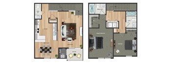 The 2 Bedroom D Model at the Boulders at Beekman floorplan images shows a first floor living room, dining room, kitchen with dishwasher, balcony, and powder room. The second floor features 2 bedrooms, 2 full bathrooms and a closet containing full size washer and dryer.