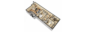 A 3D floor plan of a house showing a kitchen, living room, and bedrooms.