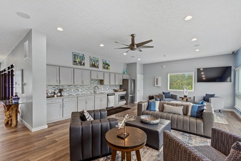 Rental community clubhouse with large windows and natural light