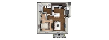 A 3D floor plan of a small apartment with a kitchen, living room, and bathroom.