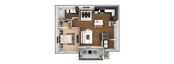 A floor plan of a house with a kitchen, living room, and bathroom.