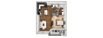 A floor plan of a house with a kitchen, living room, and bathroom.