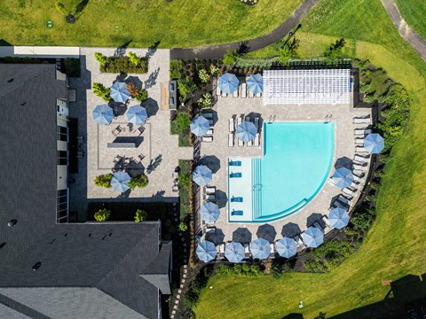 An aerial view of a pool surrounded by lounge chairs and umbrellas.