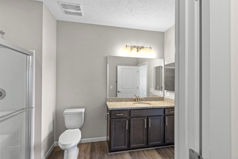 Modern bathroom with double vanity in Florence, KY rental home