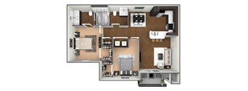 A 3D floor plan of a house showing the layout of the rooms.