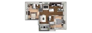 A top-down view of a small apartment layout with a kitchen, living room, and bedroom.