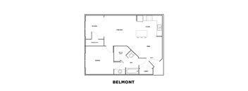 A floor plan of a Belmont apartment with a living room, kitchen, dining room, bedroom, laundry, and storage closet.