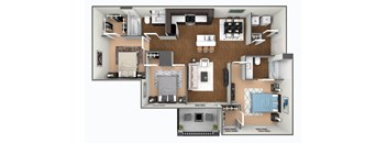 A 3D floor plan of a house with a kitchen, living room, and bathroom.