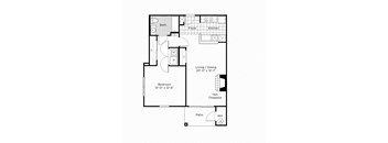A floor plan of a small apartment with a living room, bedroom, and bathroom.