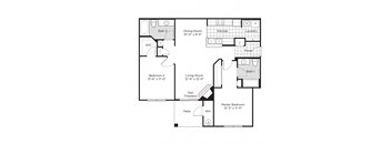 A floor plan of a house with a dining room, kitchen, laundry, and four bedrooms.