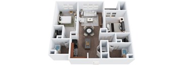 a 3d drawing of a floor plan with bedrooms and a living room