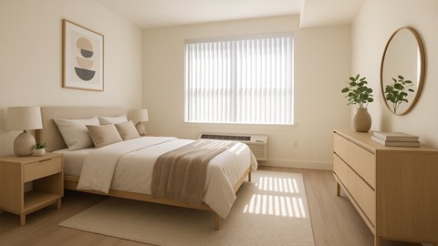 Peaceful Bayonne NJ bedroom with large windows, natural wood furnishings, and soft modern touches