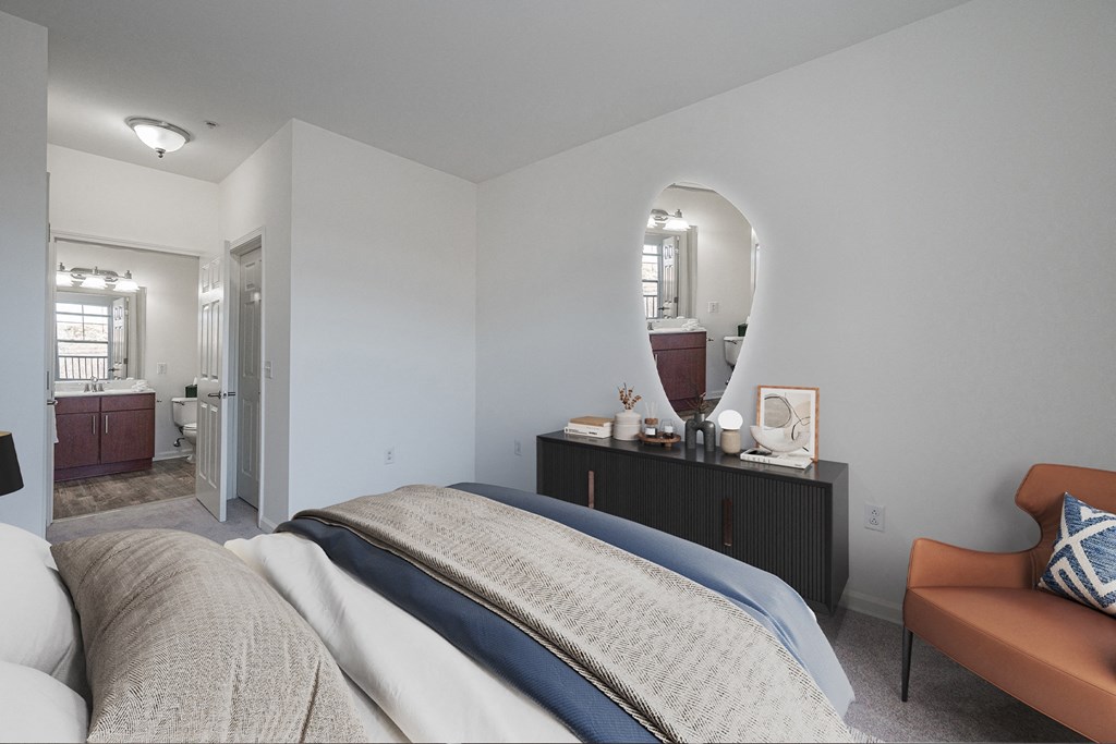 The Confluence at Norwalk Resort Style Apartments in Norwalk, CT_ Large Bedroom with Bathroom Ensuite