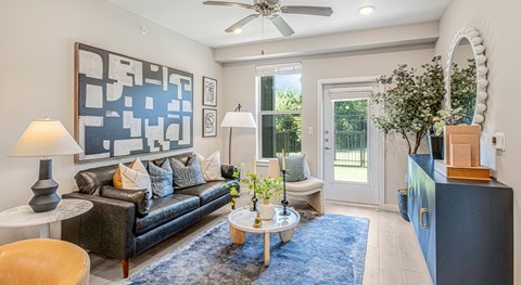 A living room with a dark sofa and a blue rug.