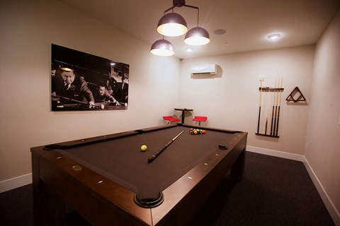 a pool table in a basement with a movie on the wall