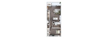 A top down view of a house layout with a kitchen, living room, and bathroom.