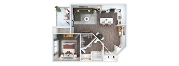 A top-down view of a modern apartment layout with a living room, kitchen, and bathroom.