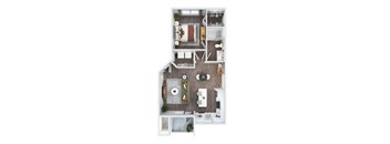 A floor plan of a house with a kitchen, living room, dining room, and two bedrooms.
