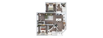 A top-down view of a house layout with a kitchen, living room, and bathroom.