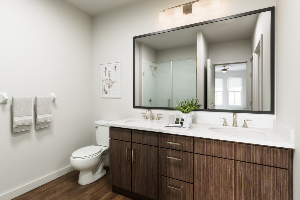 A bathroom with a white toilet and a brown cabinet.