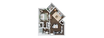 A top down view of a house layout with a kitchen, living room, and bathroom.