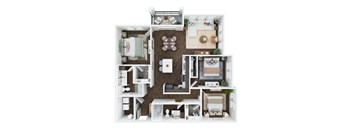 A detailed 3D floor plan of a house layout.